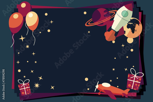 Background with balloons, presents, rocket ship and planets