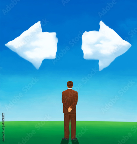 Back view of a man looking at two clouds arrow-shaped