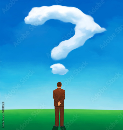 Back view of a man looking at a cloud question mark-shaped