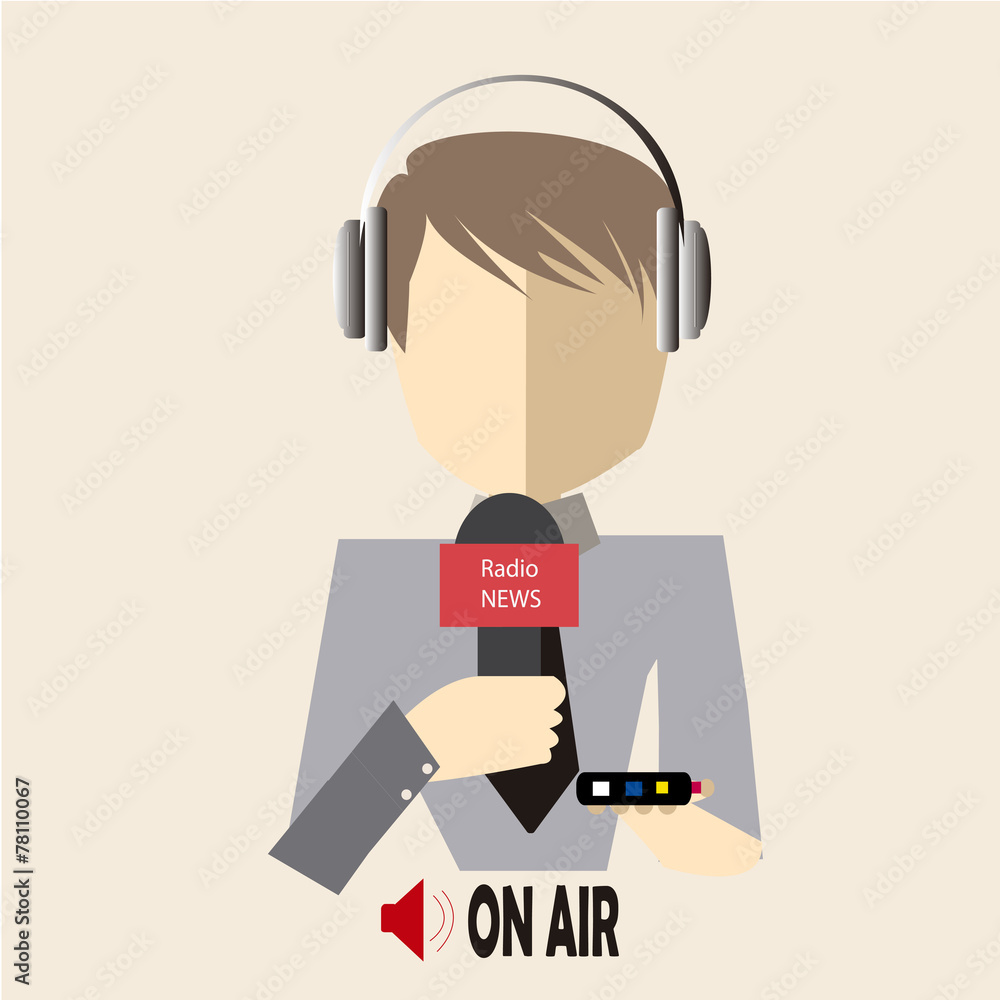 Φωτογραφία journalist in gray shirt on air radio over  color background
