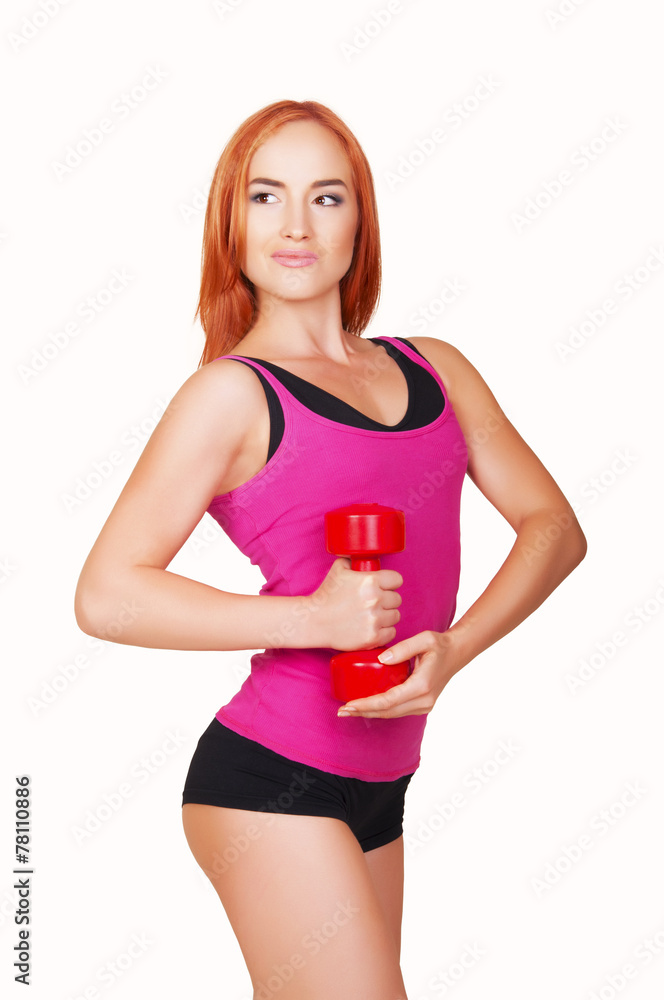 Young fit woman lifting dumbbells on white background Young fit woman lifting dumbbells on white background