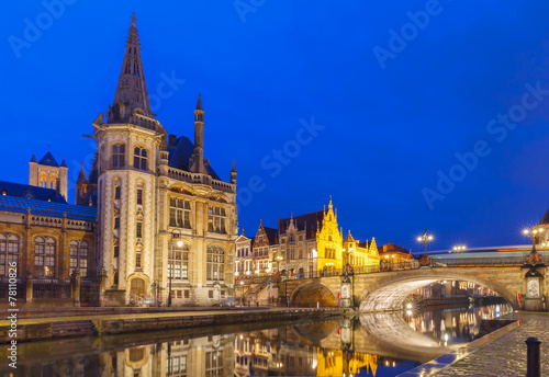 Quay Graslei in Ghent town at night, Belgium