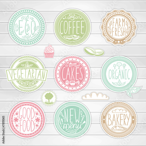 Set of retro badges. Vintage food labels. Hand-drawn lettering.