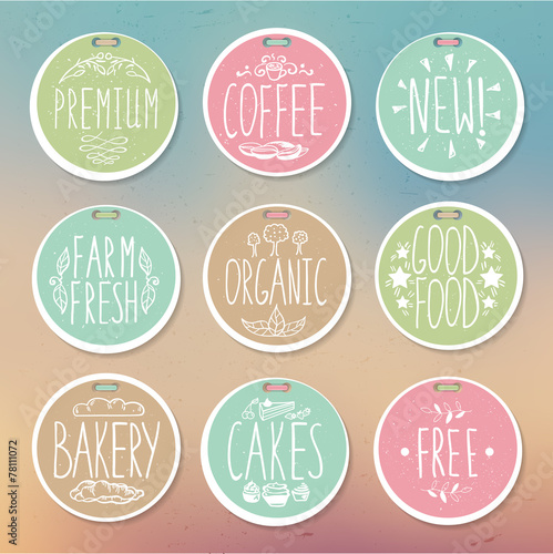 Set of retro badges. Vintage food labels. Hand-drawn lettering.