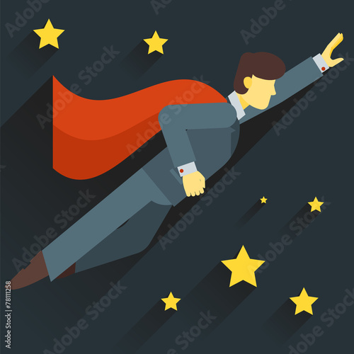 Cartoon businessman Super Hero with a red cape flying out behind