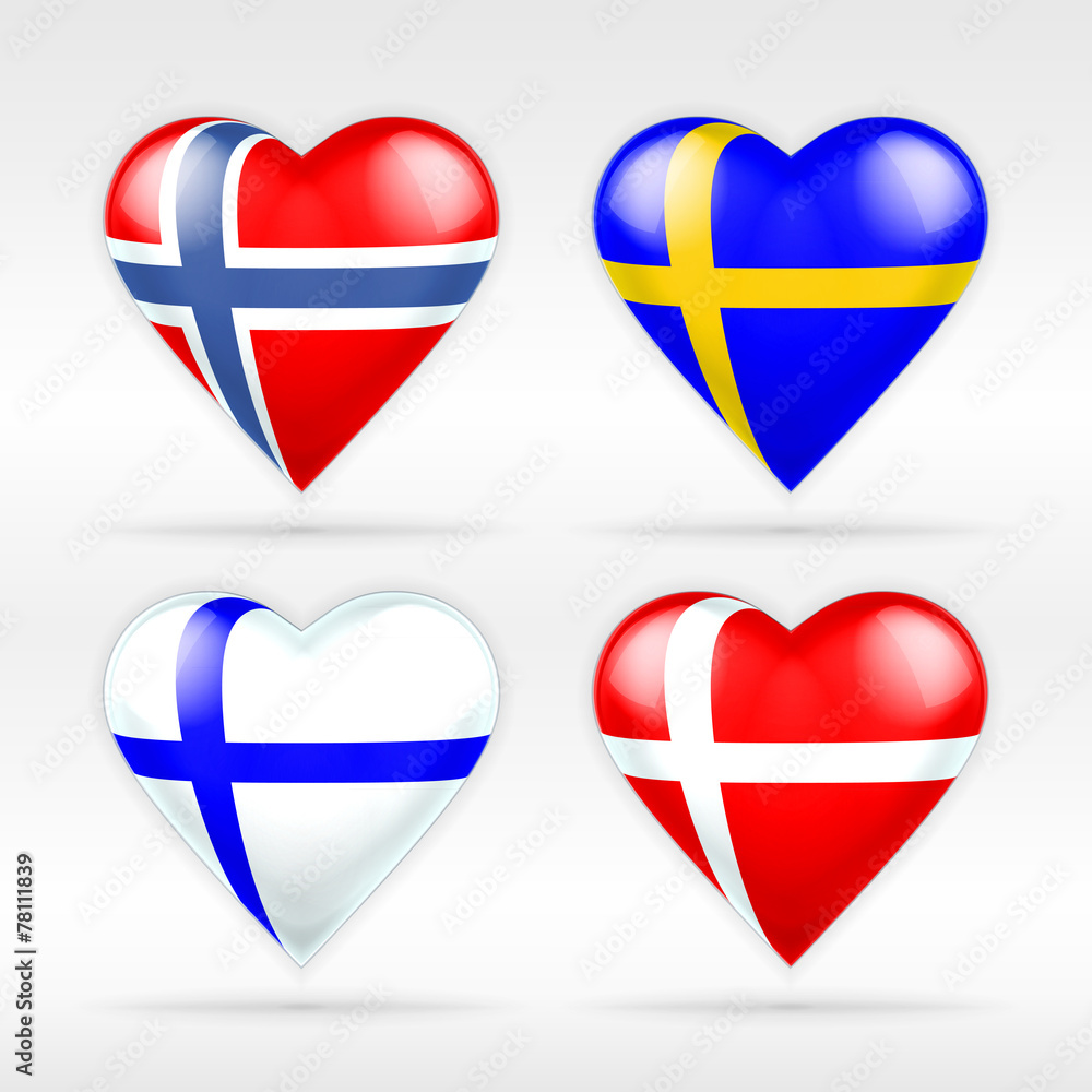 Norway, Sweden, Finland and Denmark heart flag set Norway, Sweden, Finland and Denmark heart flag set