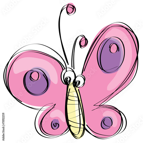 Cartoon pink butterfly with funny face as naive children drawing