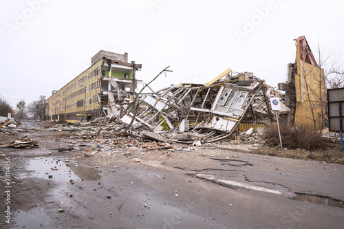 Exterior view of a factory destroyed after a bombing in Ukraine