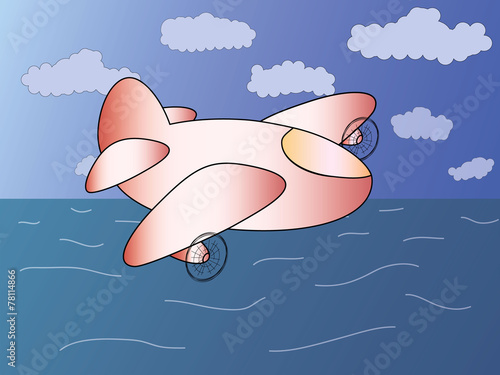 llustration of a pink cartoon plane flying over the sea