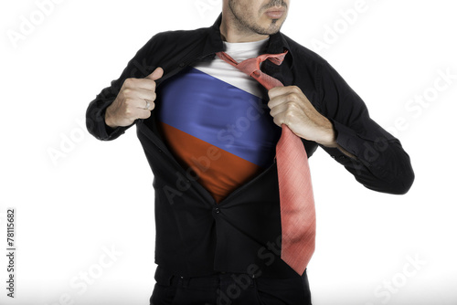 Man with Russian Flag under Shirt