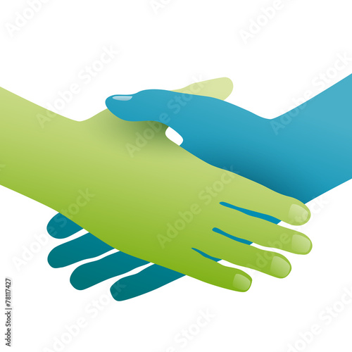Handshake, concept of environmental friendship. Hands green and