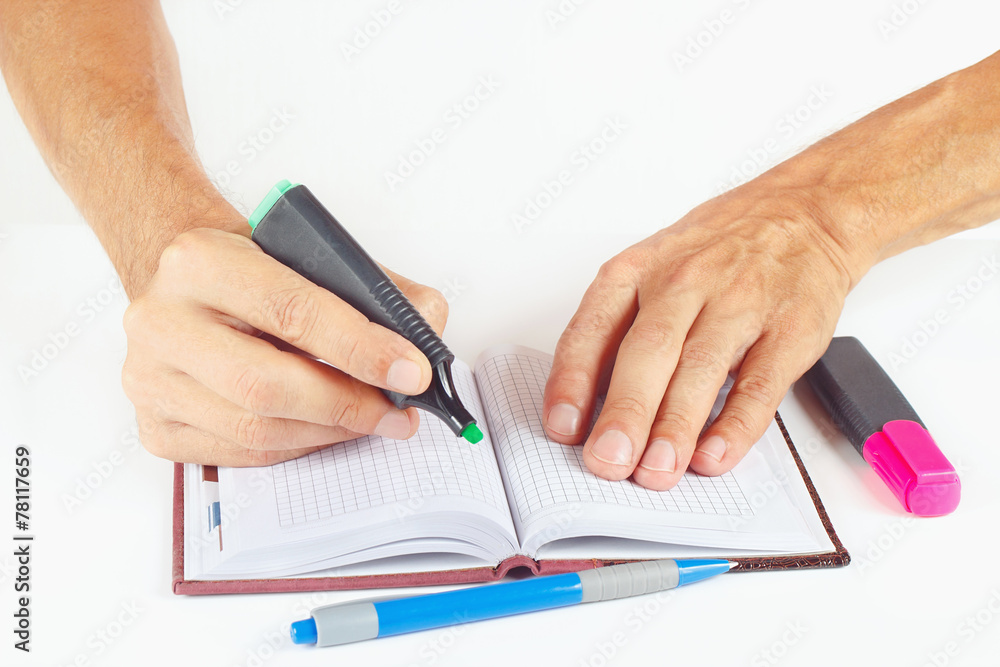 Hand written notes in green marker a notebook Hand written notes in green marker a notebook
