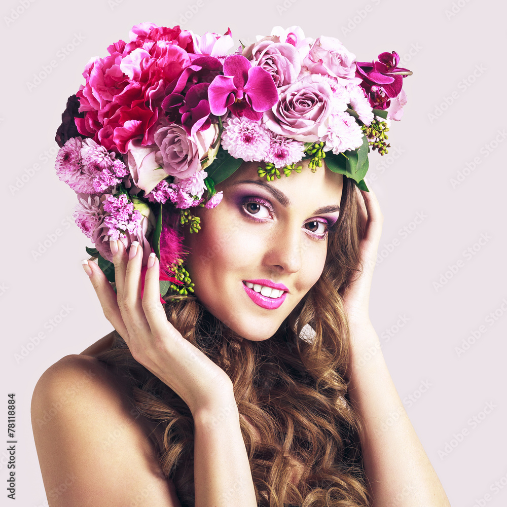Attractive Smiling Beautiful Girl With Flowers Crown