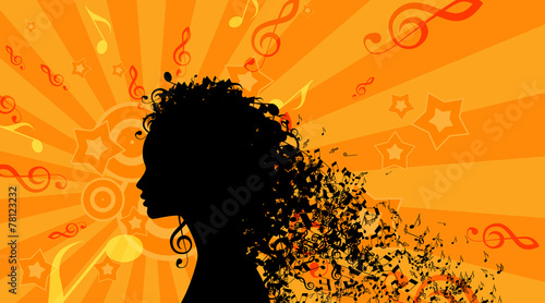 Silhouette of Womans head with Music Hair Background. Stock