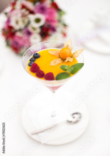 line dessert with fruits in glass
