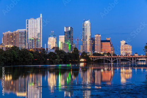 Beautiful Austin skyline reflection at twilight photo