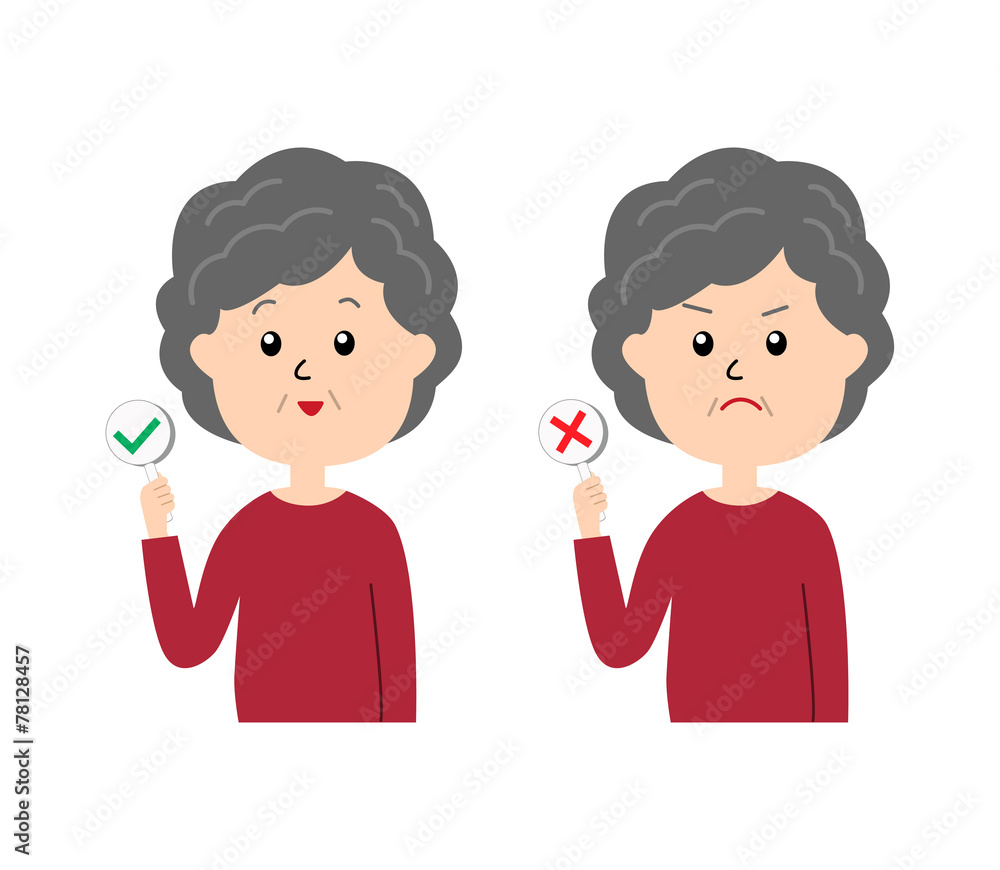 Two pose variations of elderly woman with yes and no signs Two pose variations of elderly woman with yes and no signs