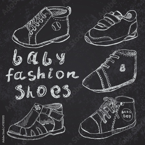 Baby fashion shoes set sketch handdrawn on blackboard