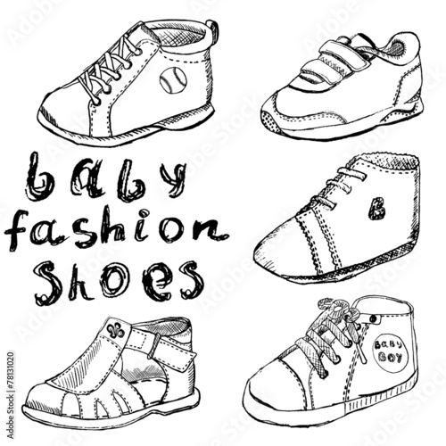 Baby fashion shoes set sketch handdrawn isolated on white