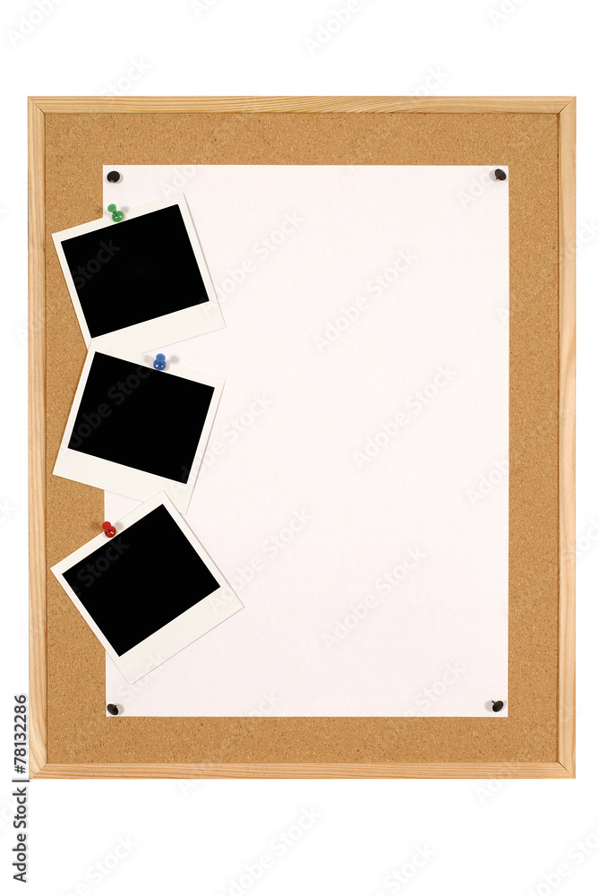 Bulletin board or cork notice board with poster and three polaroid style photo print frame Bulletin board or cork notice board with poster and three polaroid style photo print frame