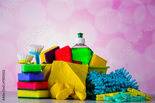 Cleaning set on blue vivid background