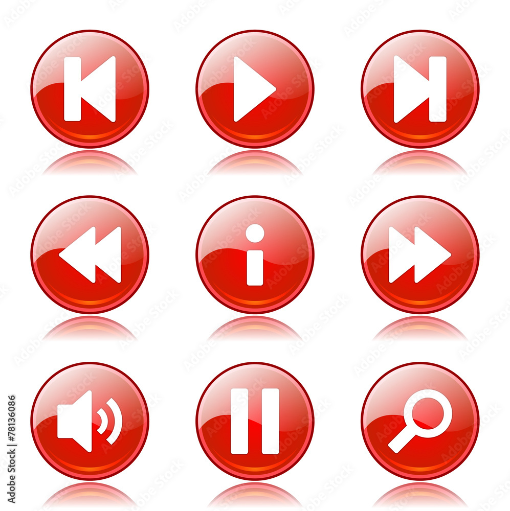 Multimedia Controller Red Vector Button Icon Design Set Multimedia Controller Red Vector Button Icon Design Set