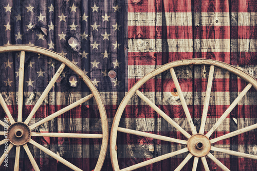 Antique Wagon Wheels with USA flag photo