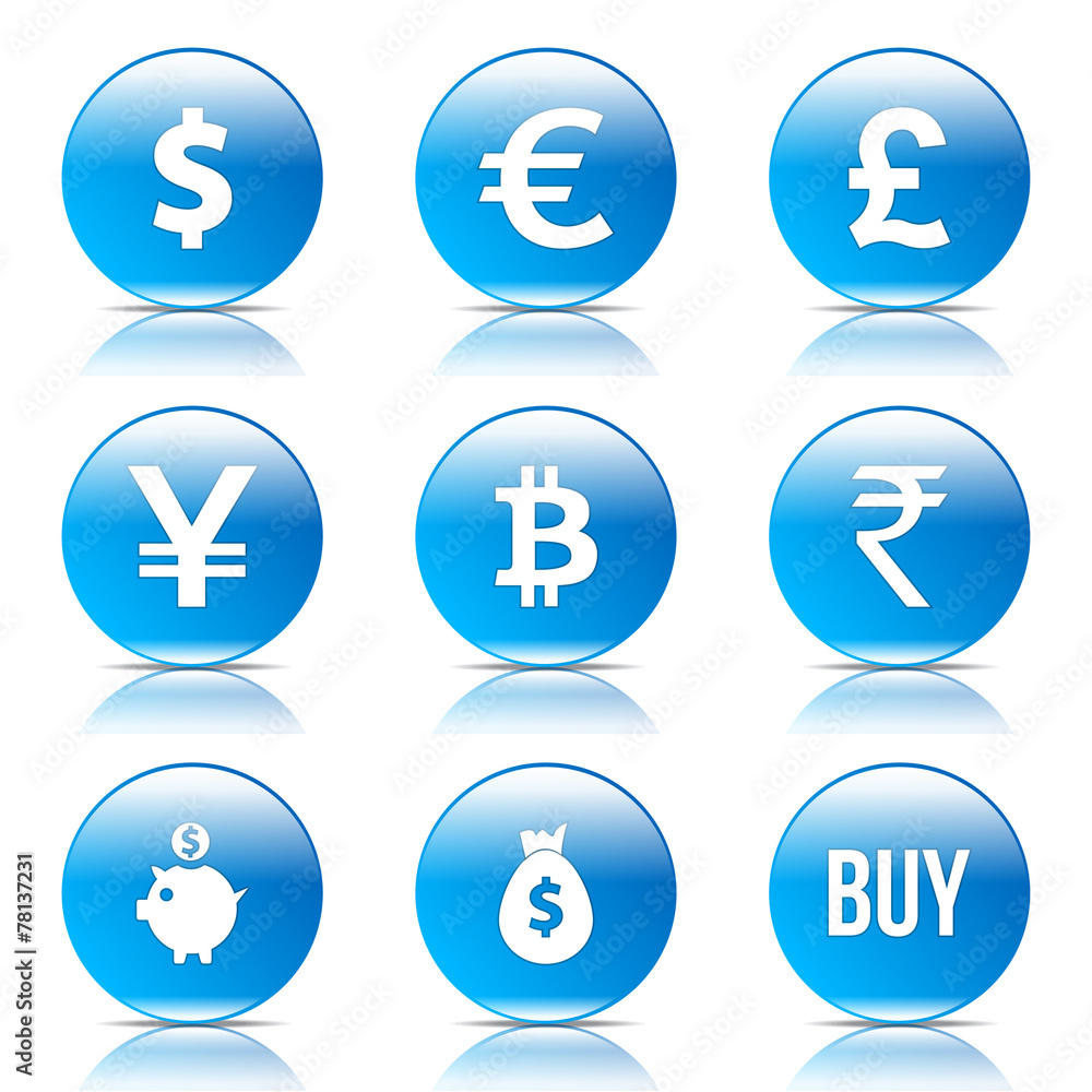 Currency Sign Blue Vector Button Icon Design Set Currency Sign Blue Vector Button Icon Design Set