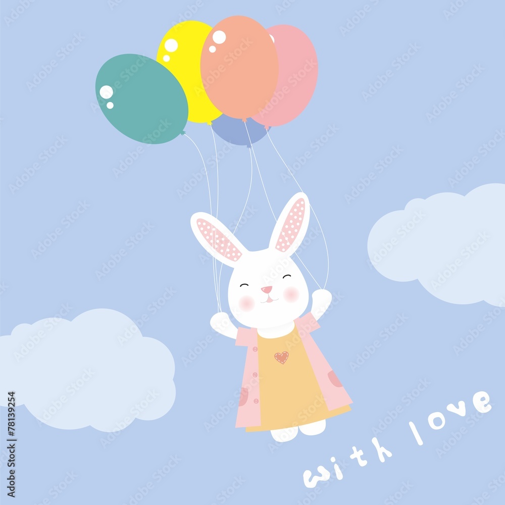 cute rabbit flying on balloons in the sky cute rabbit flying on balloons in the sky