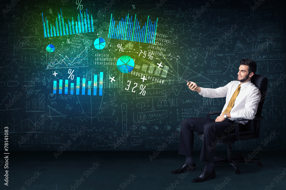 Businessman in office chair with tablet in hand and high tech gr Businessman in office chair with tablet in hand and high tech gr