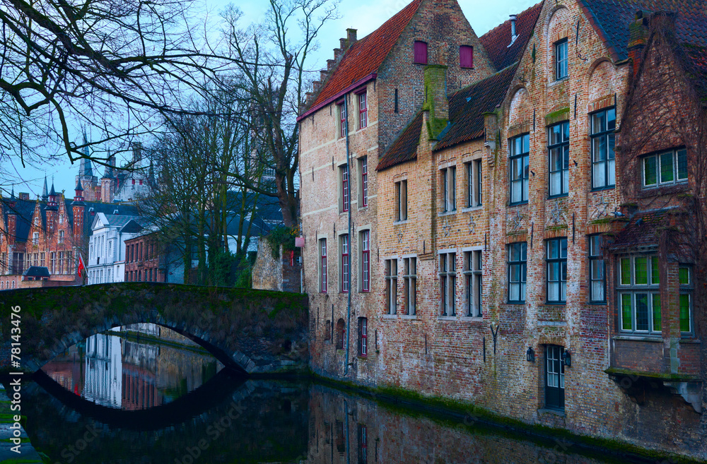 Bruges' canals in the evening, Belgium. Toned image