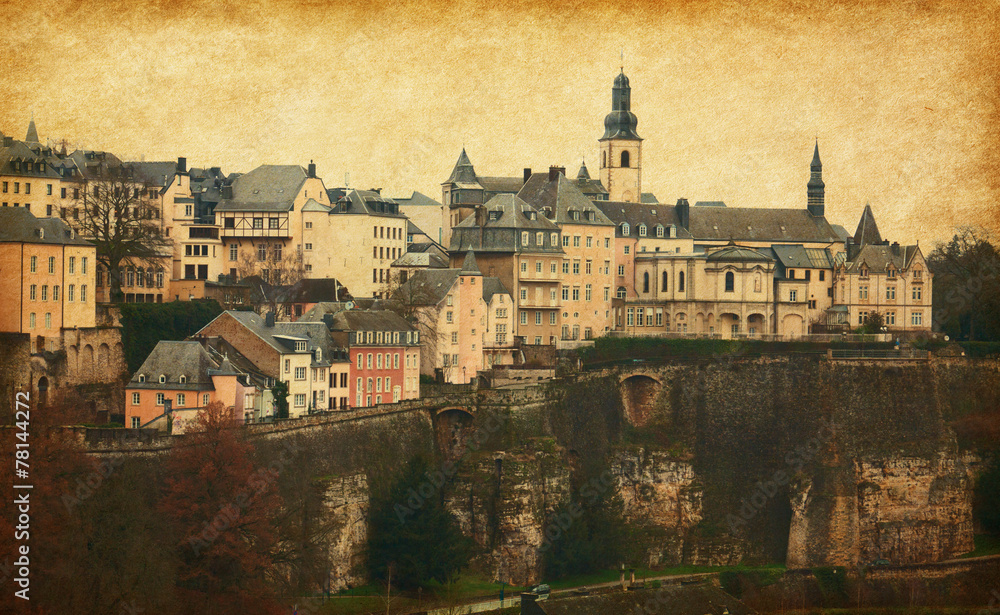 Skyline of Luxembourg City.   Added paper texture