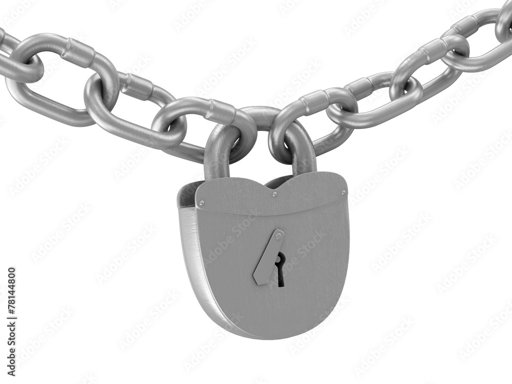 Heavy Old Iron Padlock with Chain isolated on white background Heavy Old Iron Padlock with Chain isolated on white background