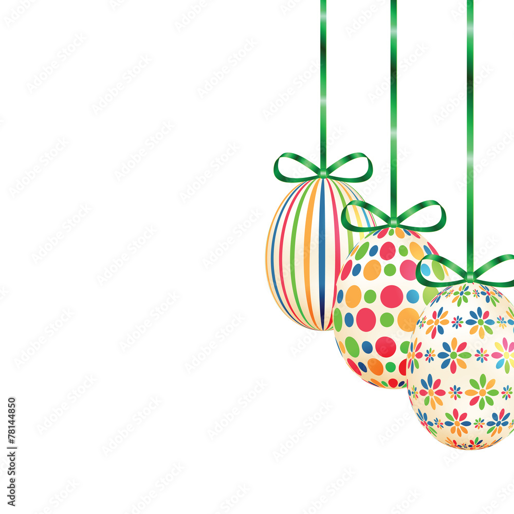 Set of colorful Easter eggs with green ribbons Isolated on white Set of colorful Easter eggs with green ribbons Isolated on white