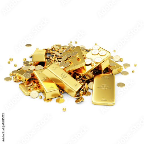 Heap of Treasure. Golden Bars, Coins and Golden Pieces
