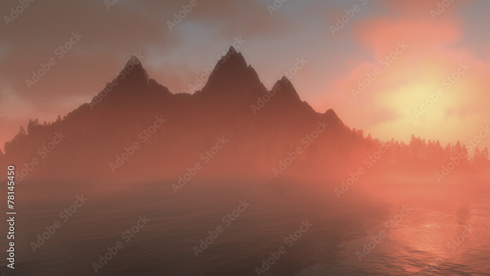 Misty sunrise over jagged mountain peaks