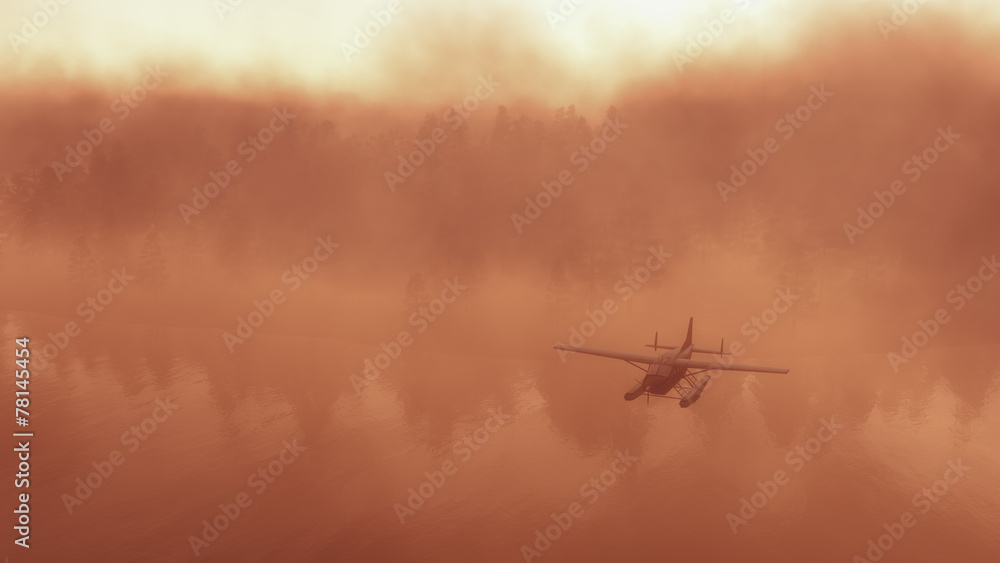 Seaplane flying over foggy or misty forest Seaplane flying over foggy or misty forest