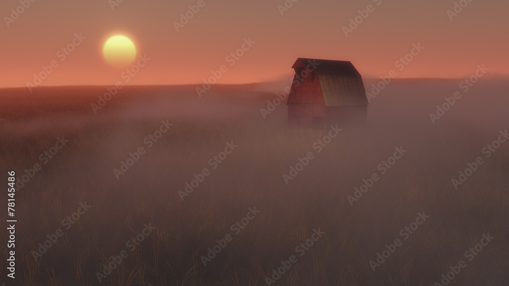Barn enveloped in mist at sunrise