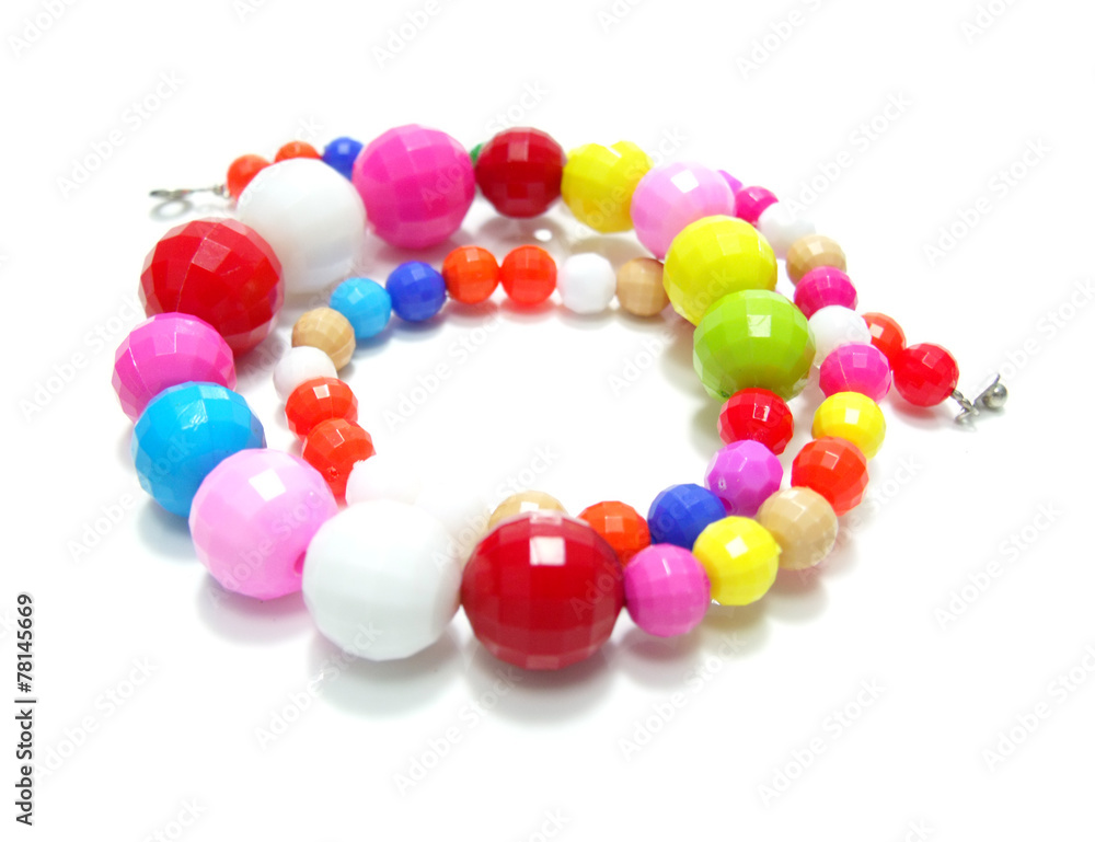 colorful wood bead necklace isolated on white background