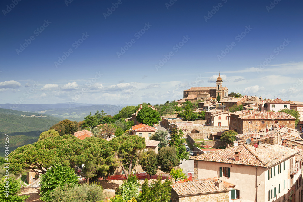 View of the medieval Italian town of Montalcino. Tuscany