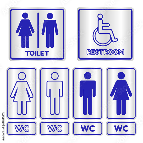 Blue square restroom Sign set with text