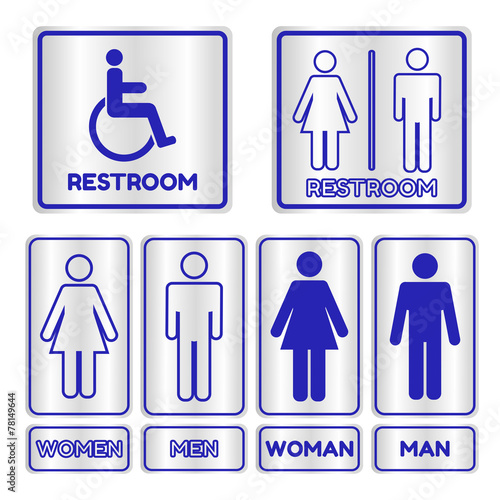 Blue square restroom Sign set with text
