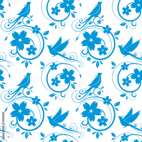 Blue birds and blossoms seamless pattern