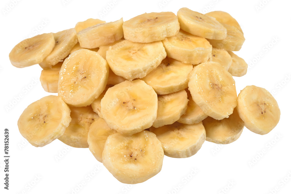 Heap of banana slices on a white