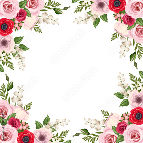 Frame with red and pink roses and various flowers. Vector.