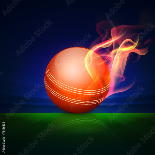 Red Cricket ball in fire on stadium background.