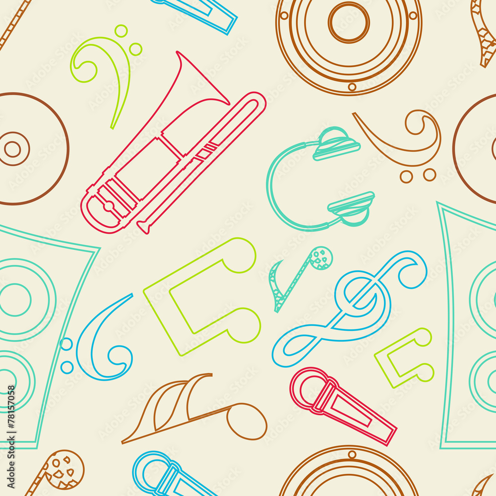Abstract musical pattern with instruments and musical notes .