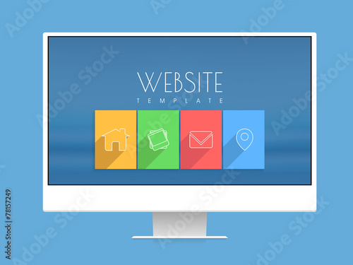 Stylish website template with colorful web icons on desktop.