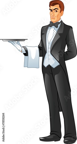 A  waiter holding a tray isolated against white background