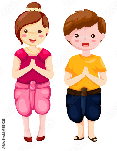 cute boy and girl in Thai traditional dress greeting